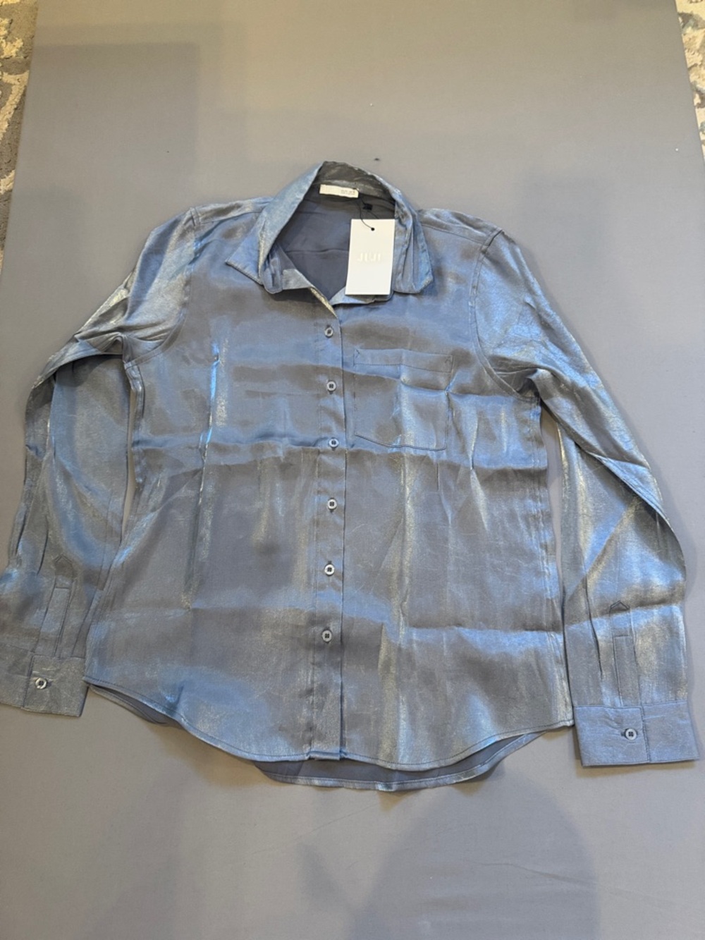 JuJu Metallic Sheen Steel-Blue Button-Up Blouse